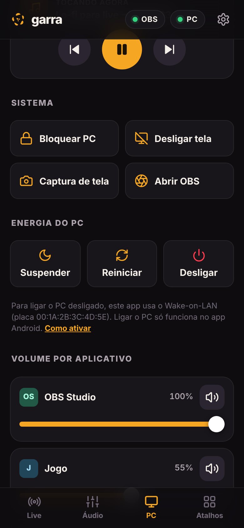 Seção Energia do PC: suspender, reiniciar e desligar