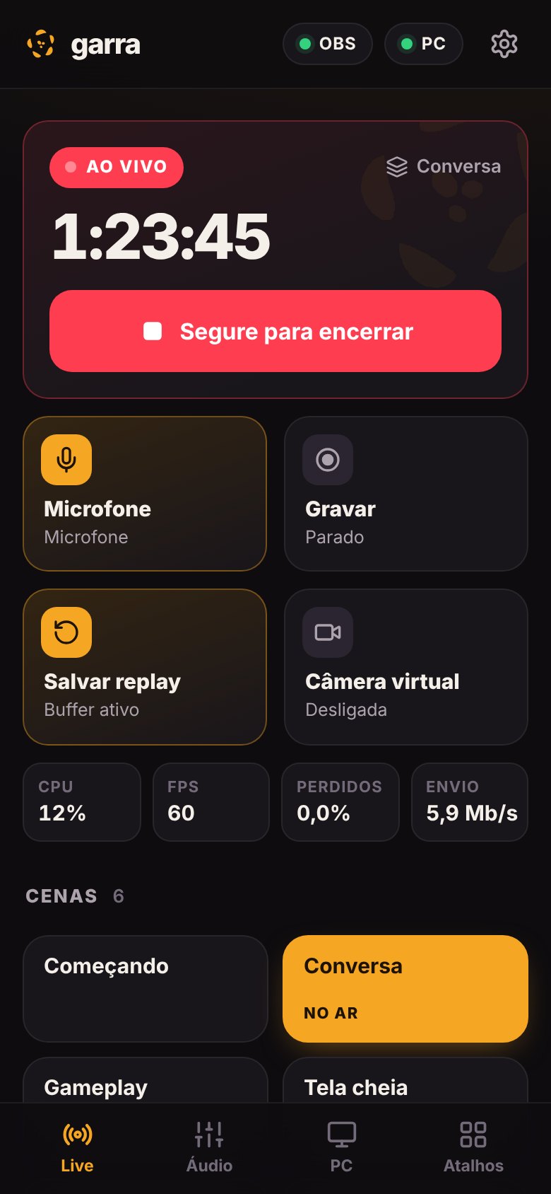 Tela Live do app Garra: botão de encerrar a transmissão, microfone, gravação, replay e lista de cenas