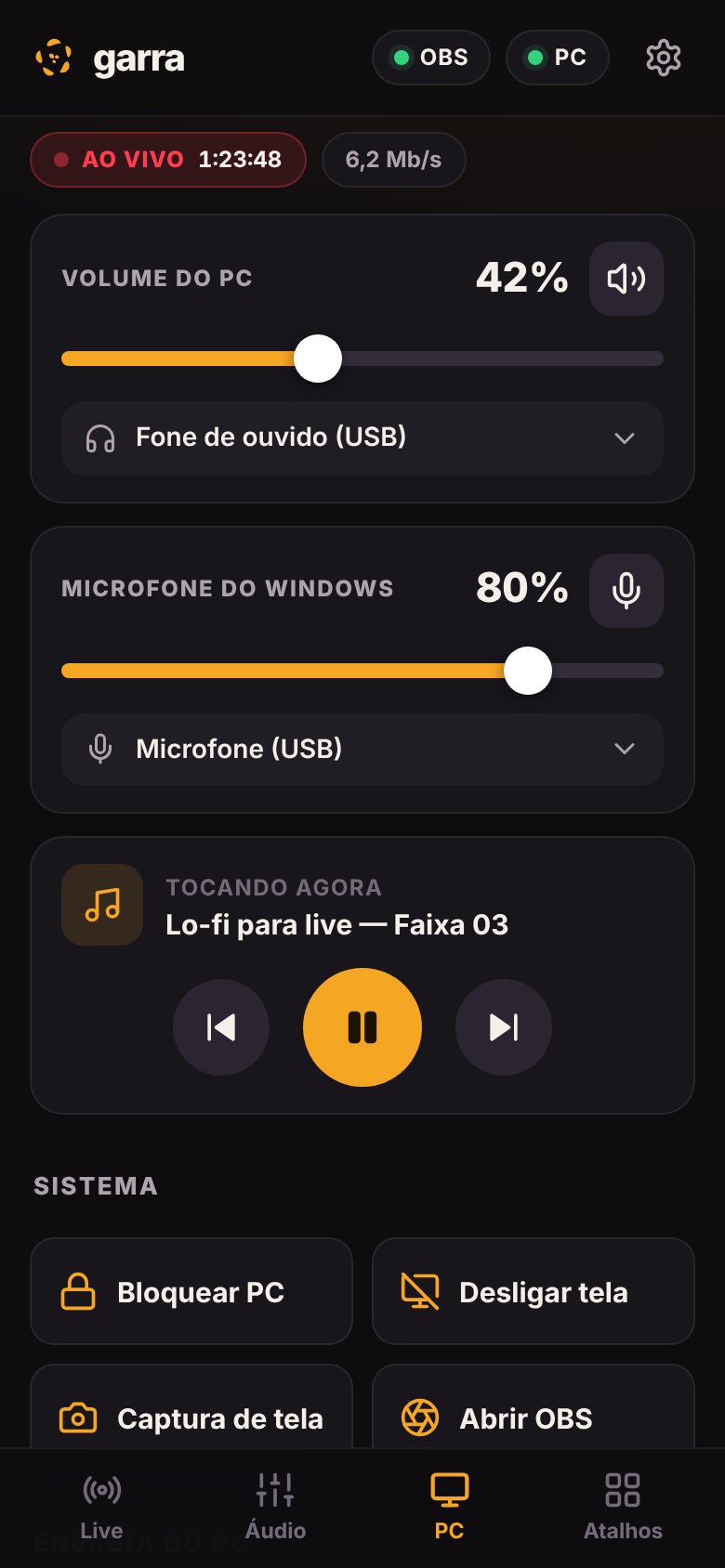 Aba PC do app: volume do PC, microfone do Windows e música tocando